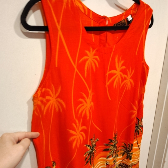 Tiki Palm Orange Embellished Tropical Print Sleeveless Midi Dress Sz L Beach - Picture 4 of 7